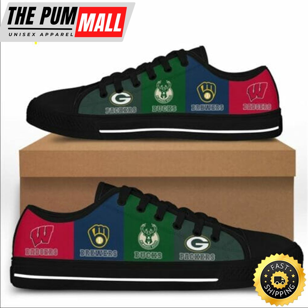 Wisconsin Badgers Wisconsin Badgers, Green Bay Packers, Milwaukee Brewers, Milwaukee Bucks FLAG Low Top Black Shoes
