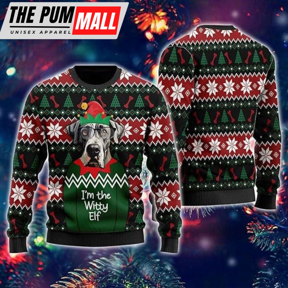 Witty Elf Dog Ugly Christmas Sweater For Women, Funny Mens Funny Ugly Sweater Xmas Crew Neck Sweatshirt