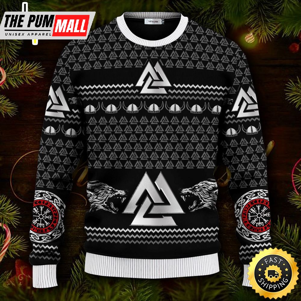 Wolf Valknut Pattern Viking Ugly Christmas Skull Sweater Christmas
