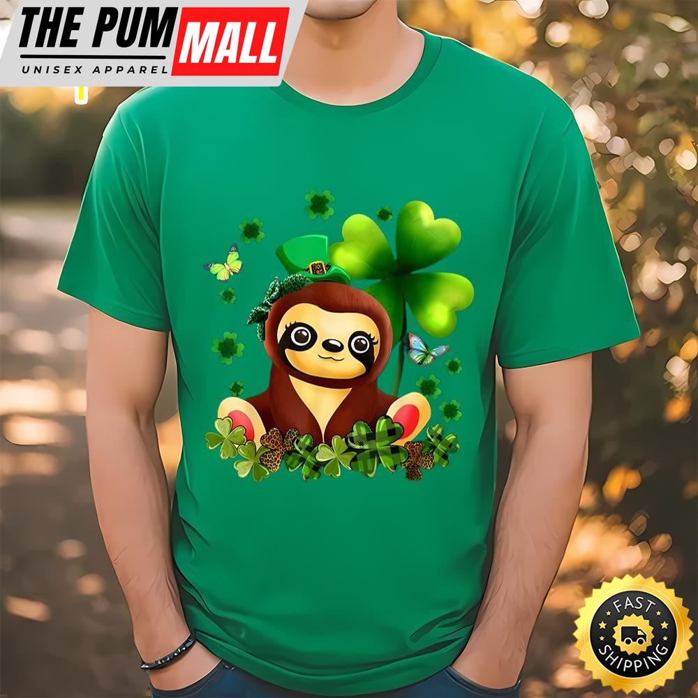 Women St. Patricks Day Sloth Green Buffalo Plaid Shamrock Shirt