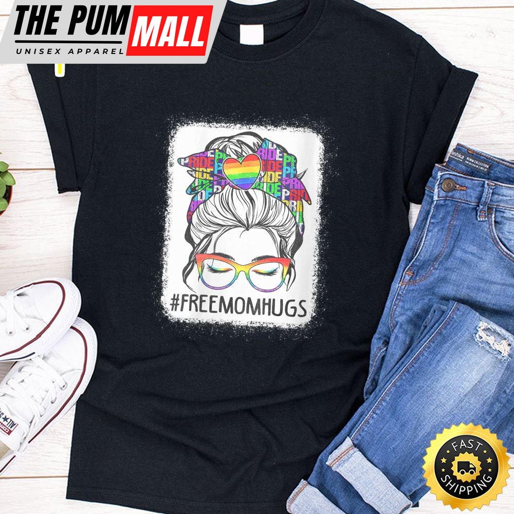 Womens Free Mom Hugs Messy Bun Lgbt Pride Rainbow Valentines Day T-shirt