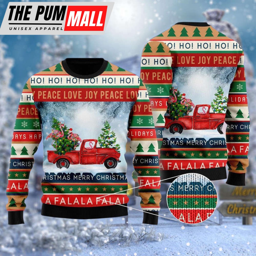 Xmas Flamingos Ride Red Truck Ugly Sweater
