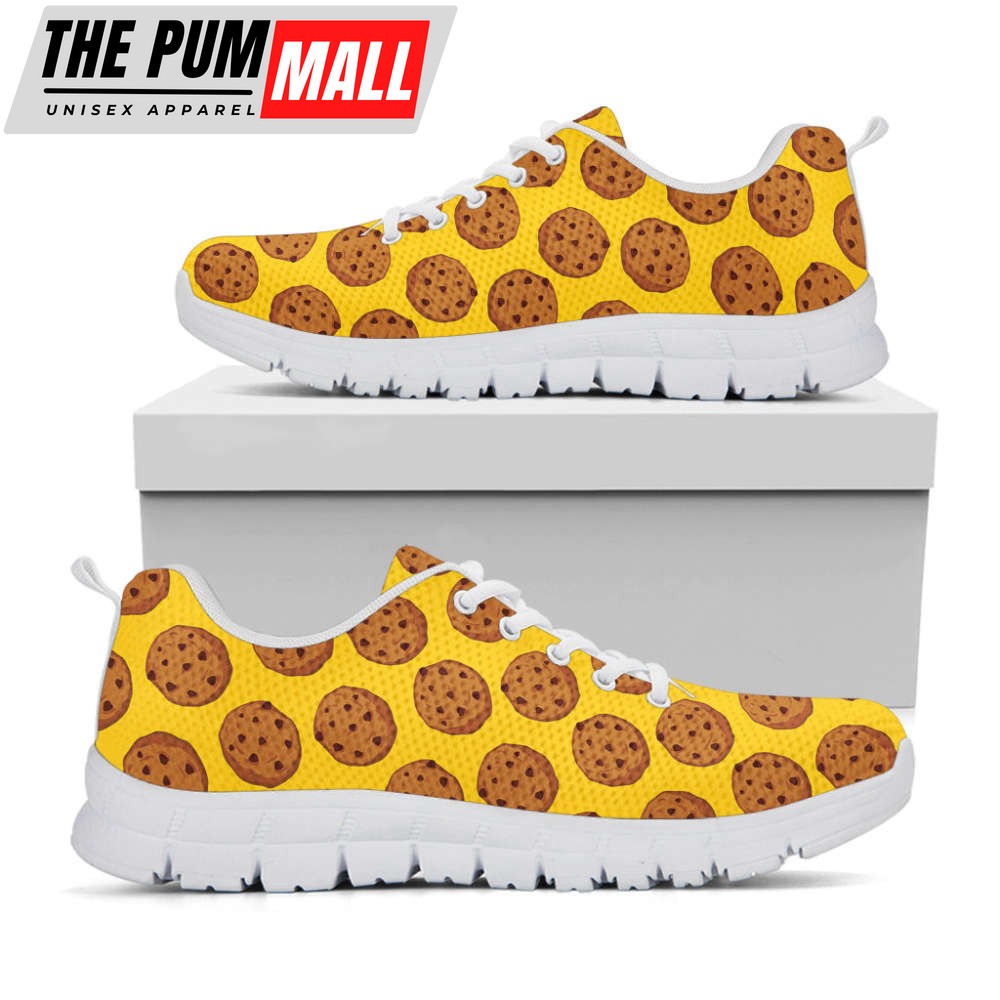 Yellow Cookie Pattern Print White Running Shoes, Gift For Men And Women