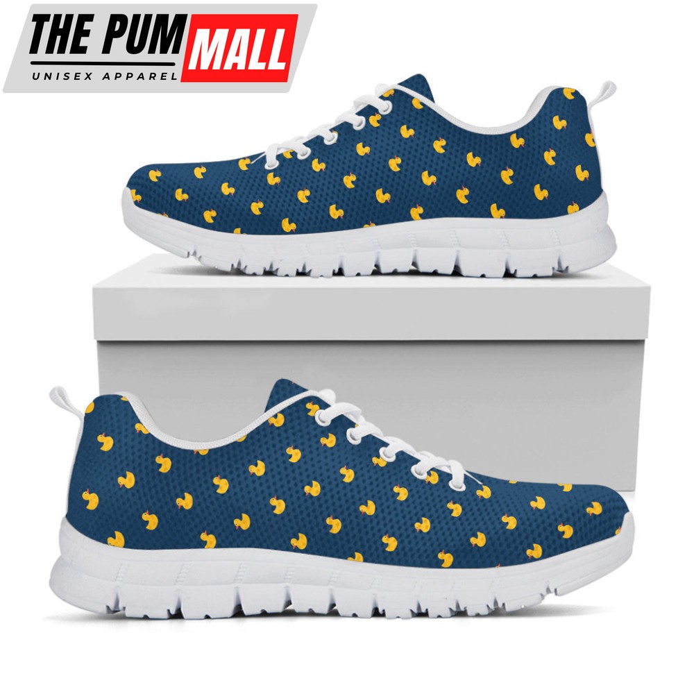 Yellow Duck Pattern Print White Running Shoes, Gift For Men And Women