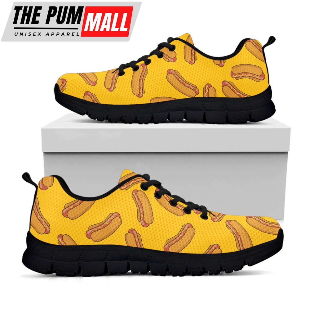 Yellow Hot Dog Pattern Print Black Running Shoes, Gift For Men And Women
