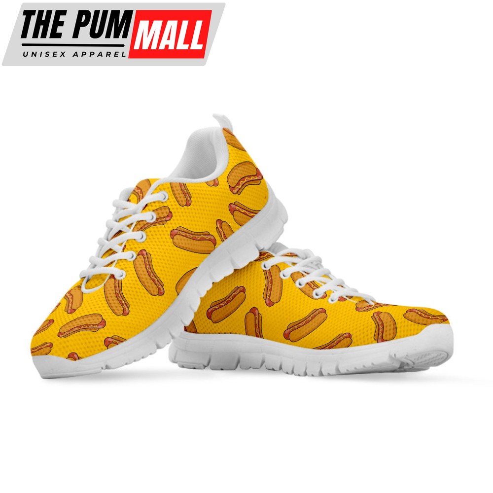 yellow-hot-dog-pattern-print-white-running-shoes-gift-for-men-and-women-ph4gc12g Yellow Hot Dog Pattern Print White Running Shoes, Gift For Men And Women