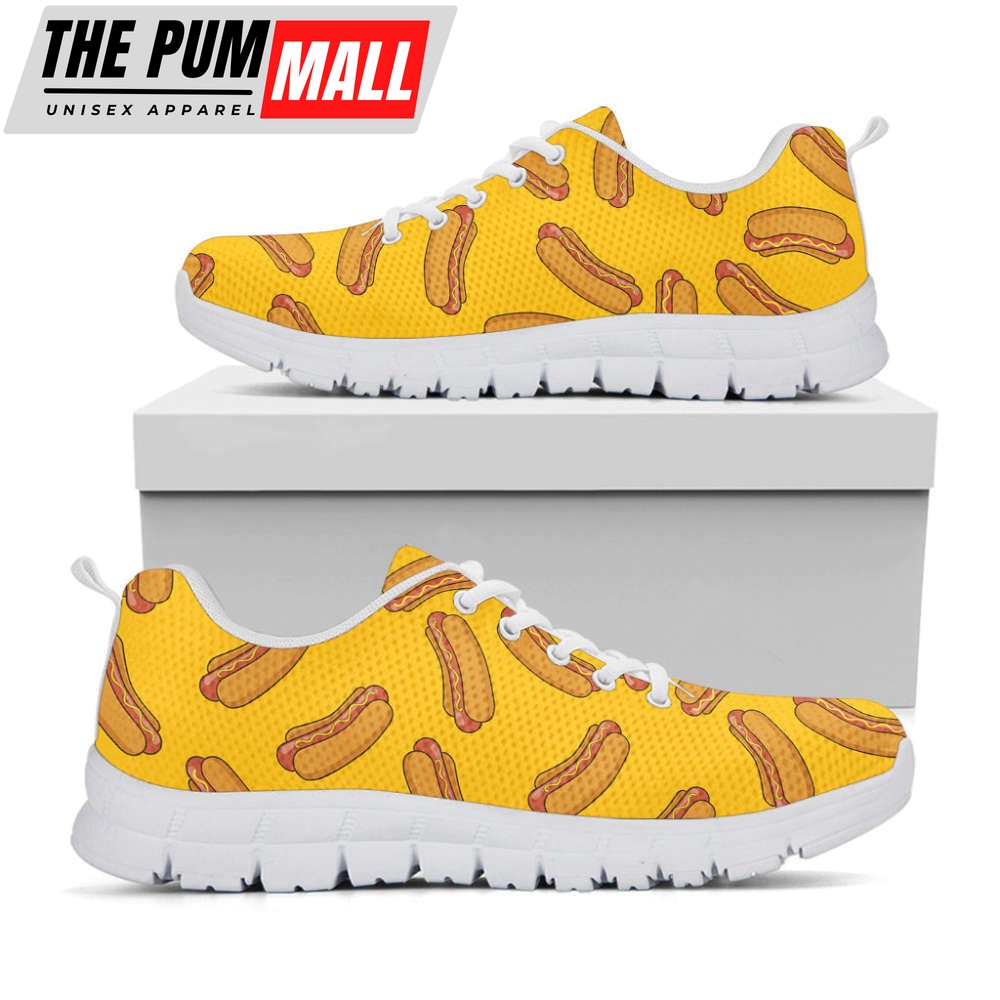 Yellow Hot Dog Pattern Print White Running Shoes, Gift For Men And Women
