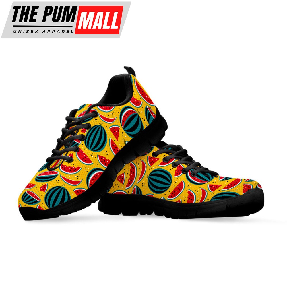yellow-watermelon-pieces-pattern-print-black-running-shoes-gift-for-men-and-wom-nyjualqx Yellow Watermelon Pieces Pattern Print Black Running Shoes, Gift For Men And Women