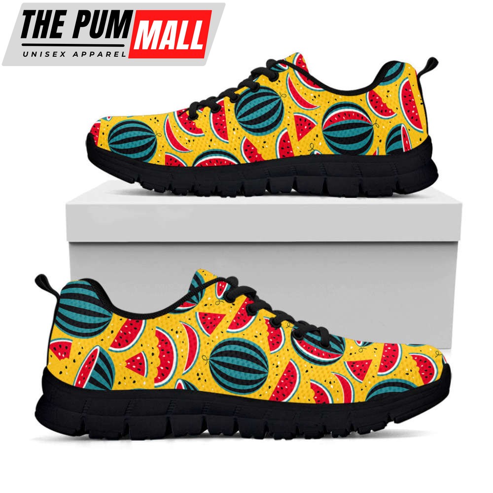 Yellow Watermelon Pieces Pattern Print Black Running Shoes, Gift For Men And Women