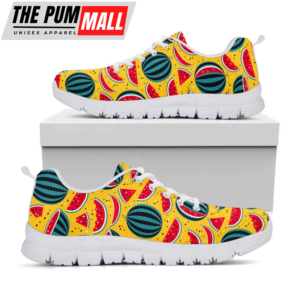 Yellow Watermelon Pieces Pattern Print White Running Shoes, Gift For Men And Women