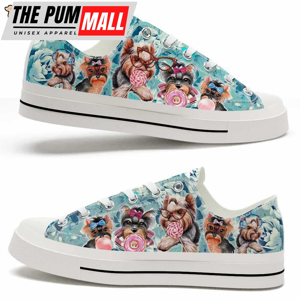 Yorkshire Terrier Blue Flowers Candy Low Top Shoes – Happy International Dog Day Canvas Sneaker – Owners Gift Dog Breeders