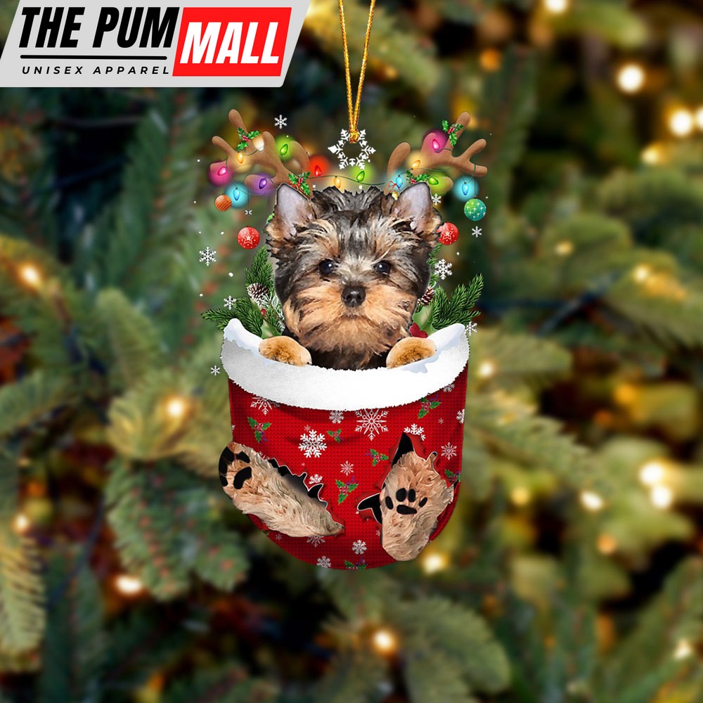 Yorkshire Terrier In Snow Pocket Christmas Ornament – Two Sided Christmas Plastic Hanging Limited Edition