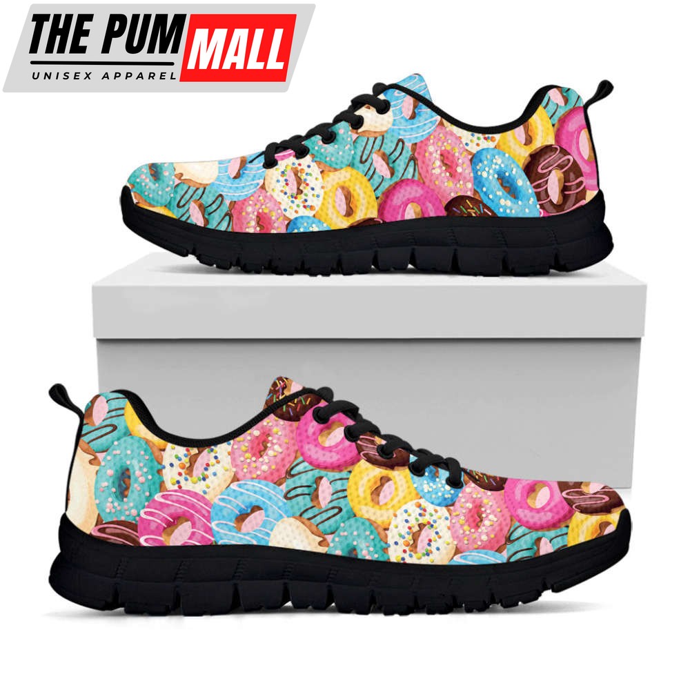 Yummy Donut Pattern Print Black Running Shoes, Gift For Men And Women