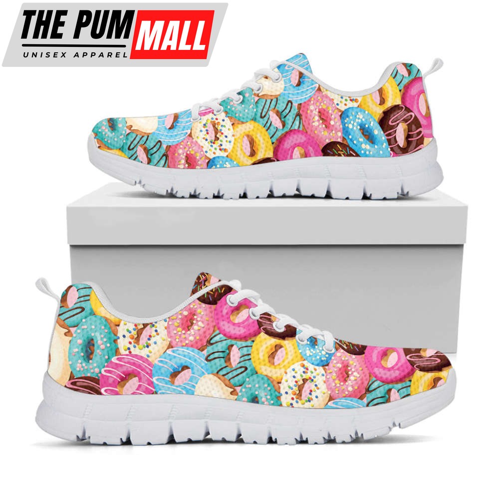 Yummy Donut Pattern Print White Running Shoes, Gift For Men And Women