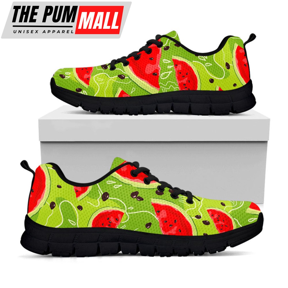 Yummy Watermelon Pieces Pattern Print Black Running Shoes, Gift For Men And Women