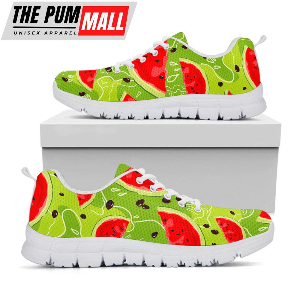 Yummy Watermelon Pieces Pattern Print White Running Shoes, Gift For Men And Women