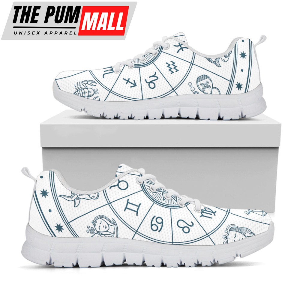 Zodiac Astrology Signs Print White Running Shoes, Gift For Men And Women
