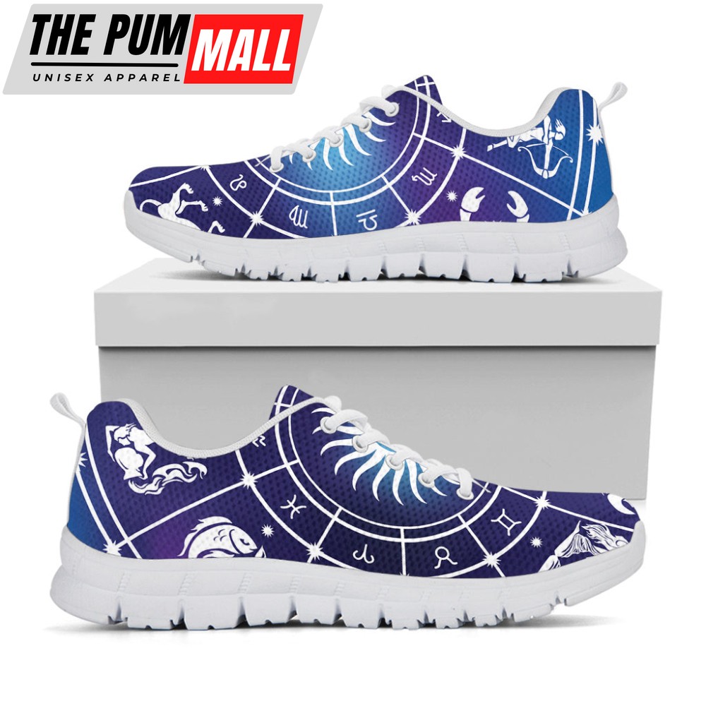 Zodiac Horoscopes Print White Running Shoes, Gift For Men And Women