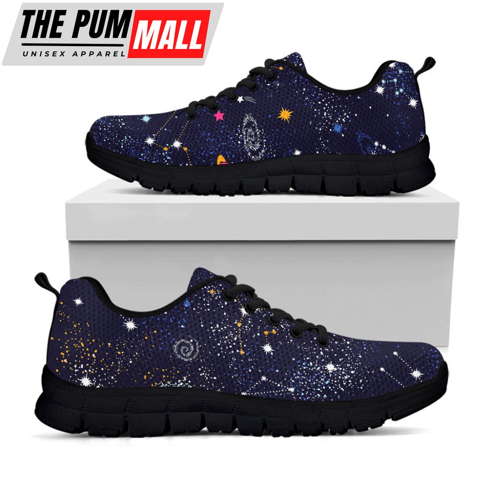 Zodiac Star Signs Galaxy Space Print Black Running Shoes, Gift For Men And Women