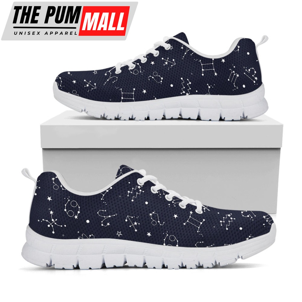 Zodiac Star Signs Pattern Print White Running Shoes, Gift For Men And Women
