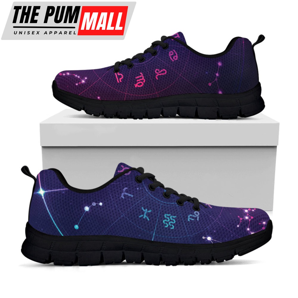 Zodiac Symbols Wheel Print Black Running Shoes, Gift For Men And Women