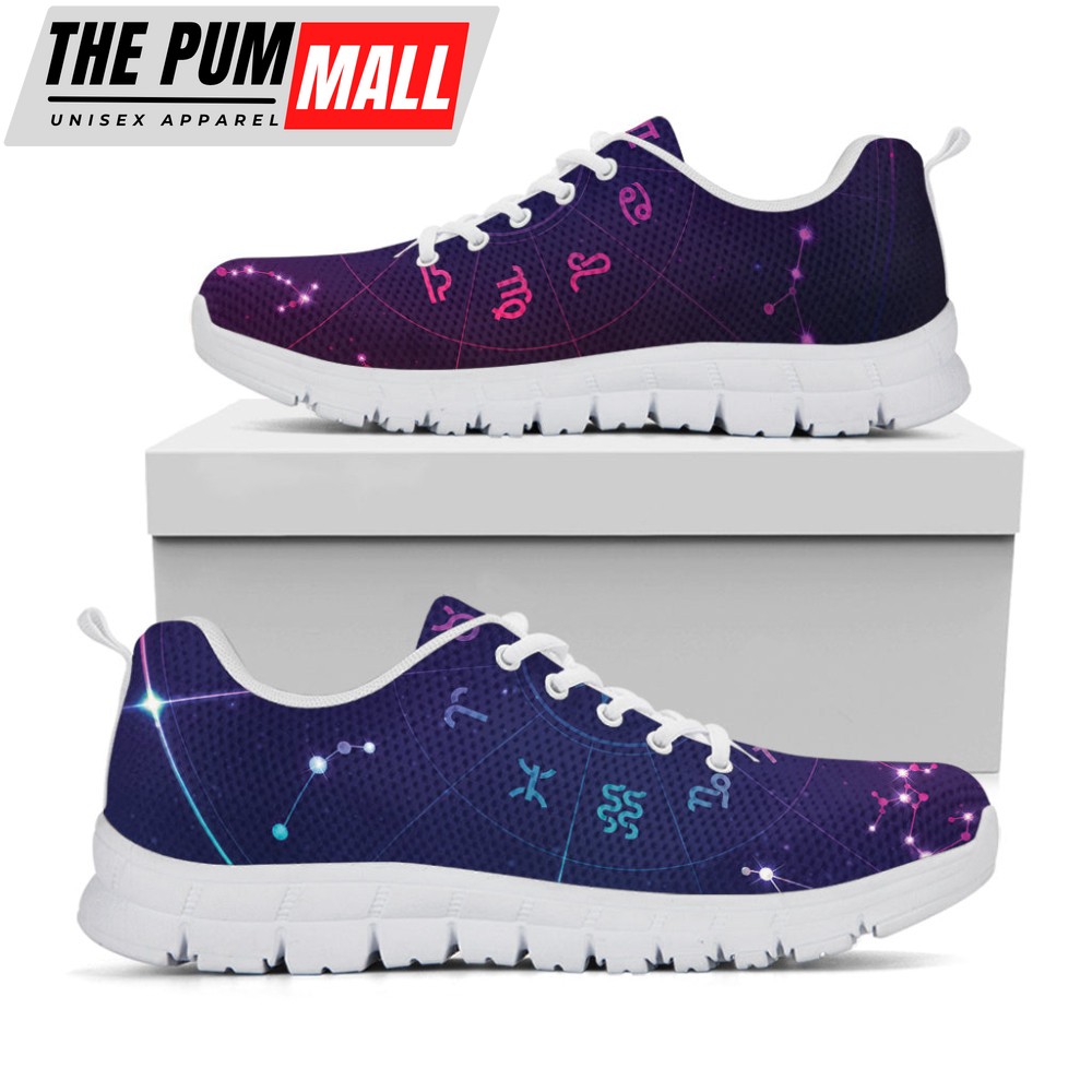 Zodiac Symbols Wheel Print White Running Shoes, Gift For Men And Women
